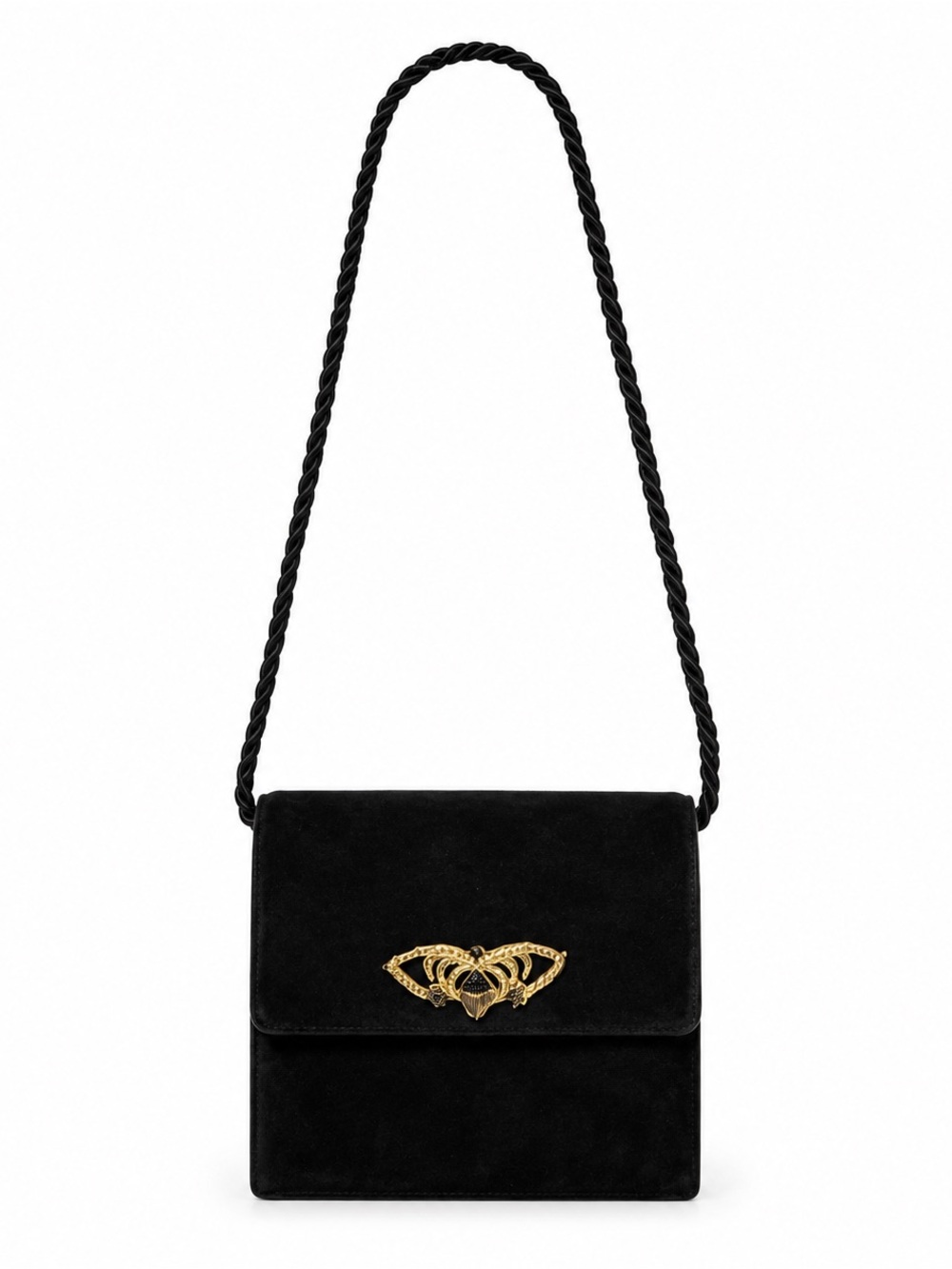 Vintage Black Suede Shoulder Bag with Gold Accent